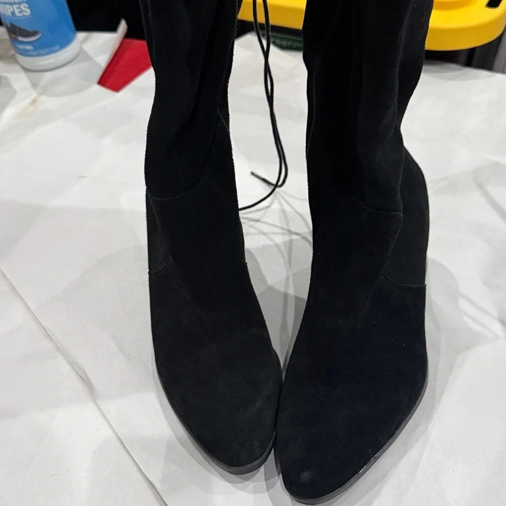 Black Suede Over-the-Knee Heeled Boots - Women's